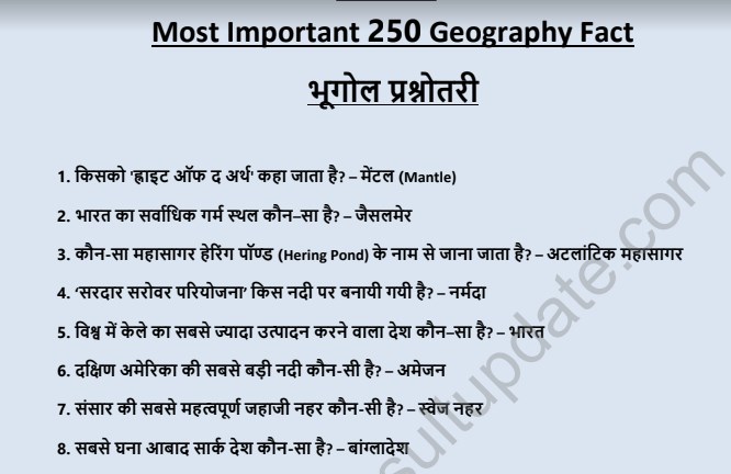 Most important 250 Geography GK (भूगोल प्रश्नोत्तरी) PDF Download