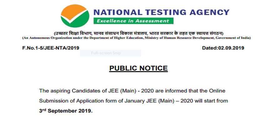 NTA JEE Main Online Application Form 2020