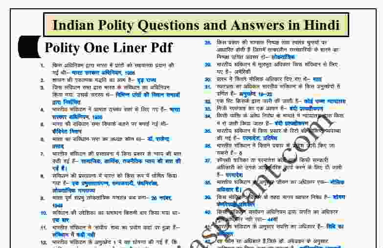 Indian Polity Objective Questions and answers in Hindi PDF